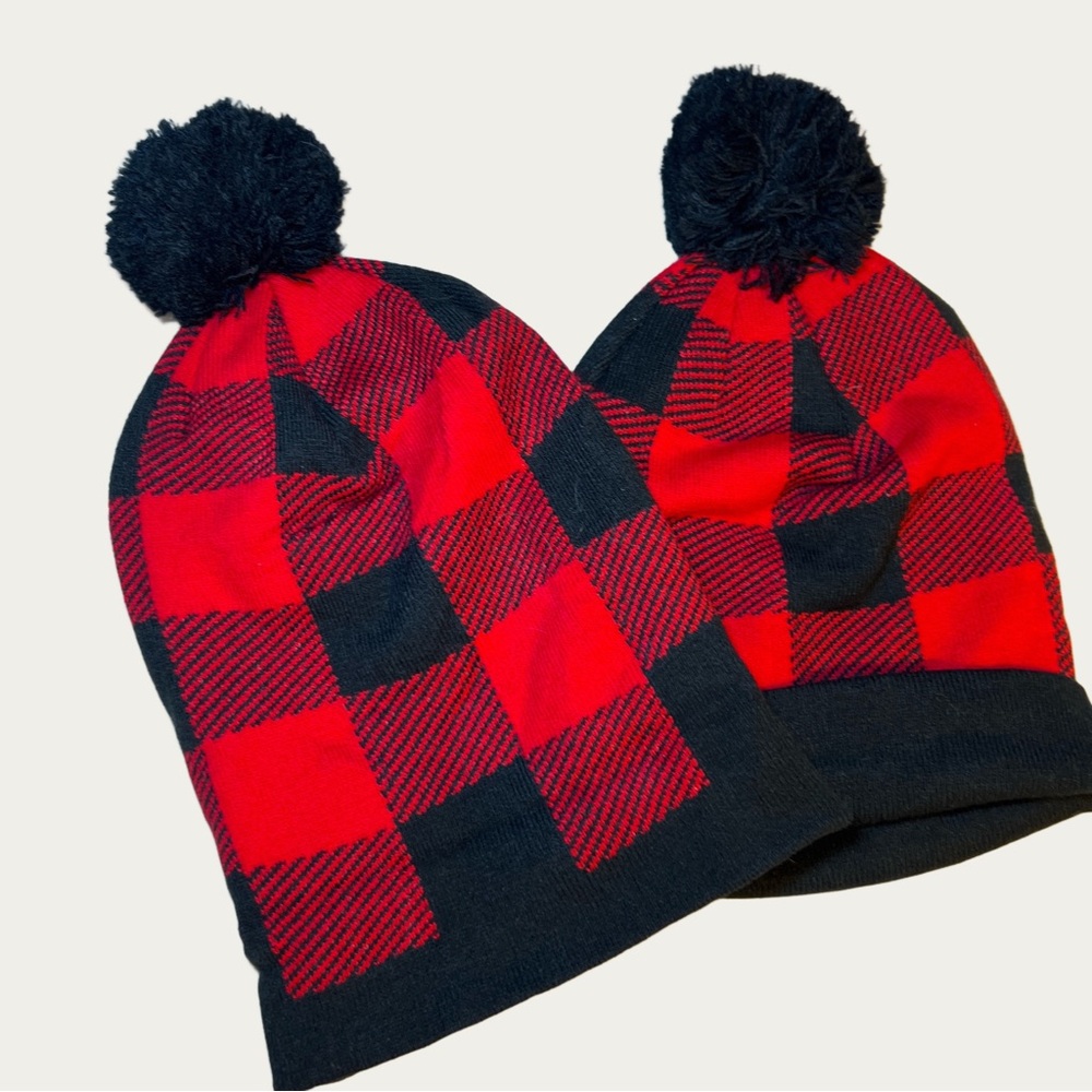 Pair of Red and Black Plaid Pom-Pom Beanies Winter Holiday Twinning OS - Picture 2 of 3